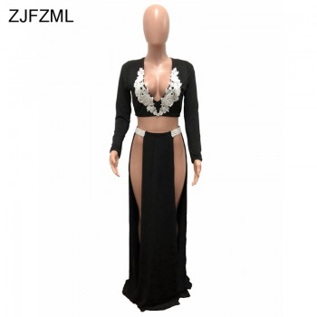 Double High Front Split Sexy Maxi Dress Women Deep V-Neck Long Sleeve Party Dress Spring White Embroidery 2 Piece Dress
